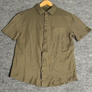 Fabletics Womens XS Olive Green Pique Knit Short Sleeve Button Down Shirt Pocket